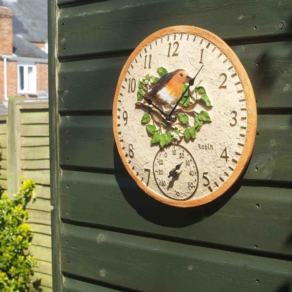 Robin Wall Clock & Thermometer 12 Inches