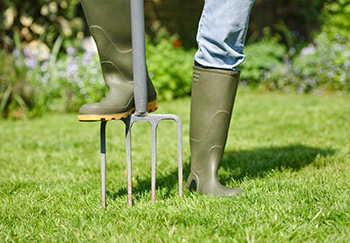 A gardener using a garden fork to manually aerate a lawn