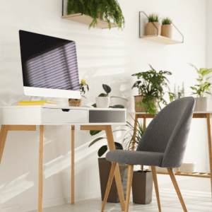 beautiful white home office with houseplants