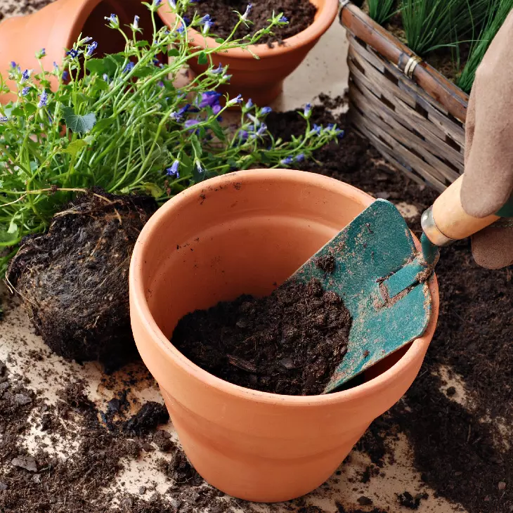 Gardening tile, trowel and plant pot